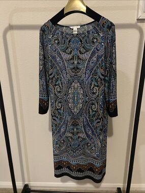 London Times Blue Paisley Midi Dress with Black Trim